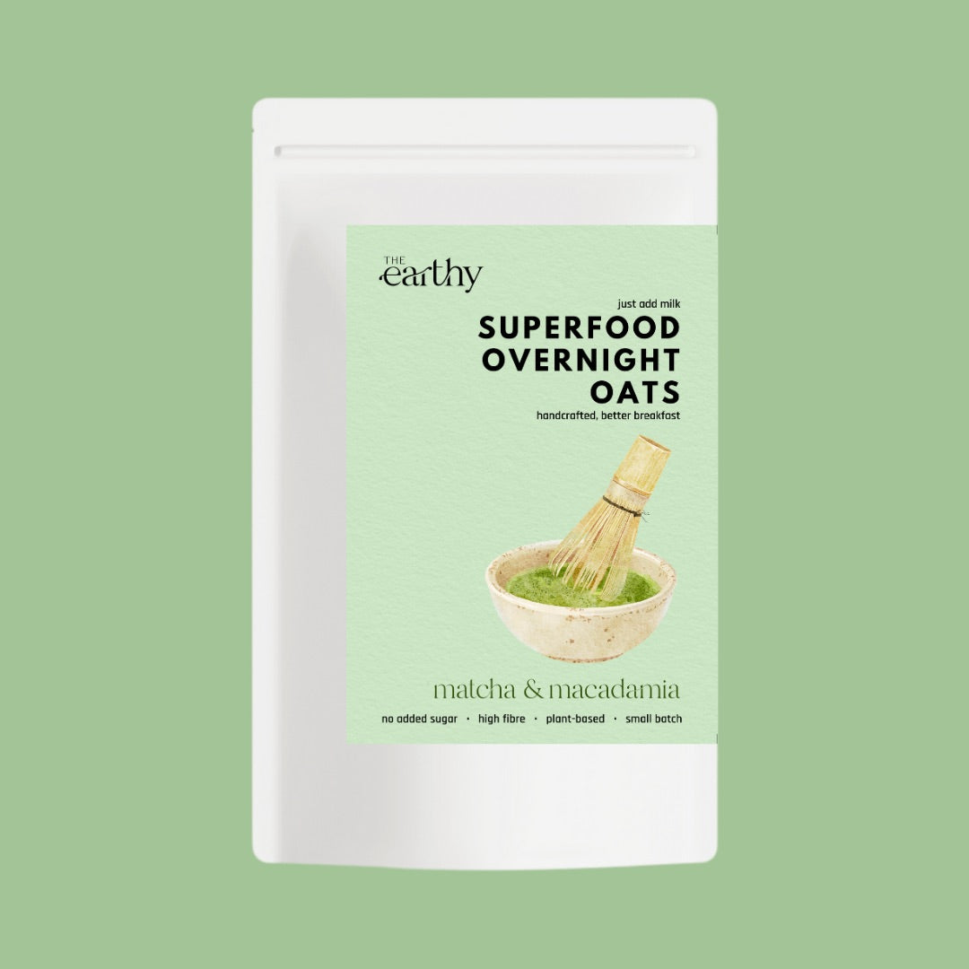 Matcha & Macadamia Dry Mix for Overnight Oats - vibrant green matcha powder and chunky macadamia pieces in resealable pouch