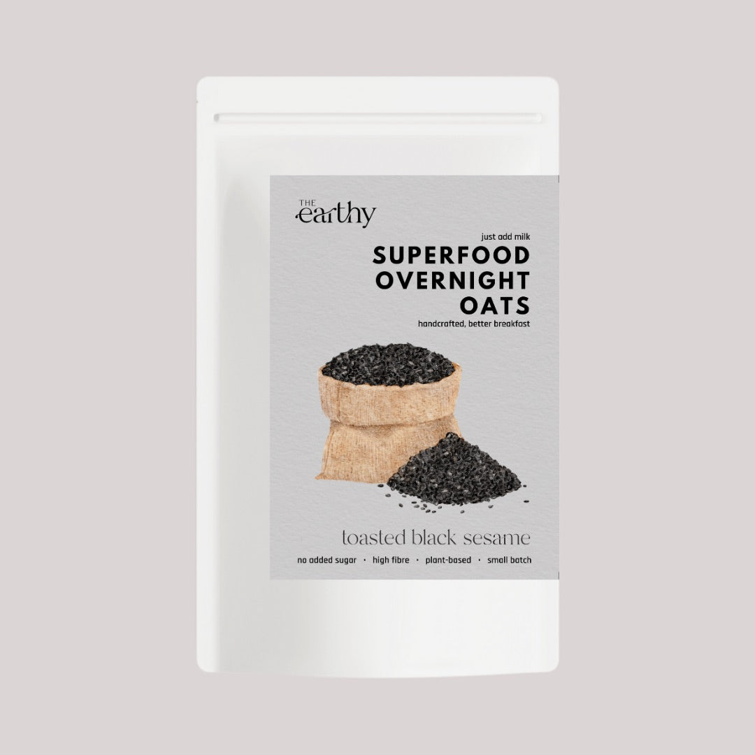 Toasted Black Sesame Dry Mix for Overnight Oats - rich, nutty black sesame seeds in airtight, resealable pouch