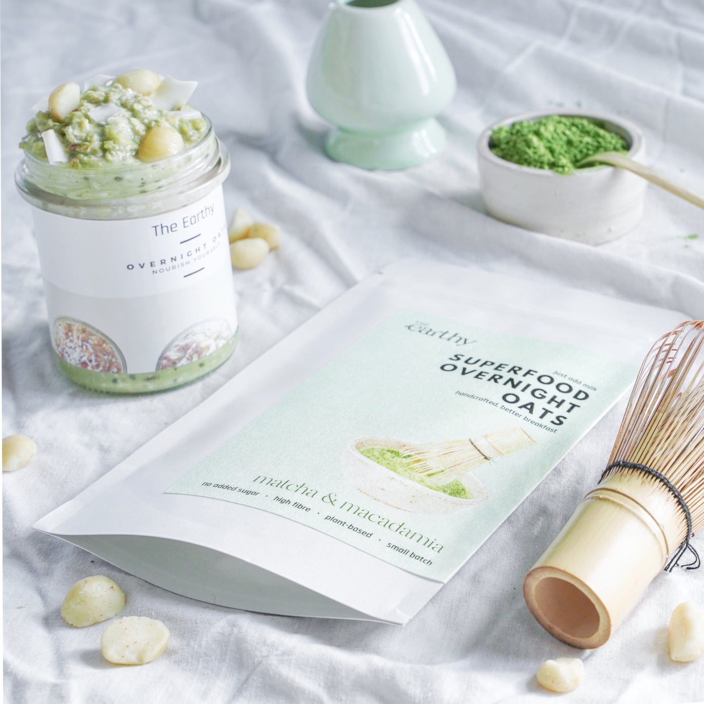 Matcha & Macadamia Dry Mix for Overnight Oats - vibrant green matcha powder and chunky macadamia pieces in resealable pouch
