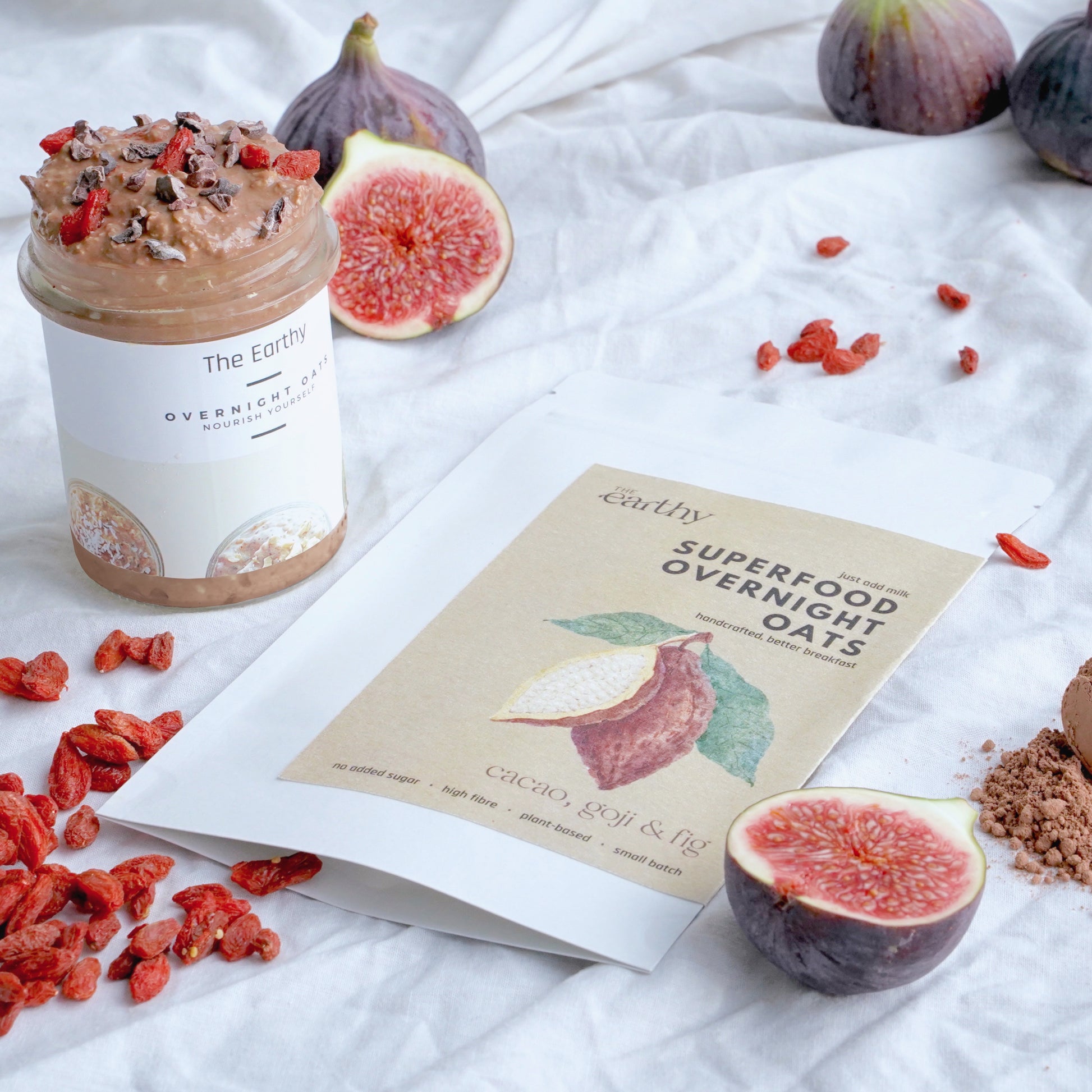 Chocolate, Fig & Goji Dry Mix for Overnight Oats - dark chocolate chunks, chewy fig pieces, and vibrant goji berries in resealable pouch